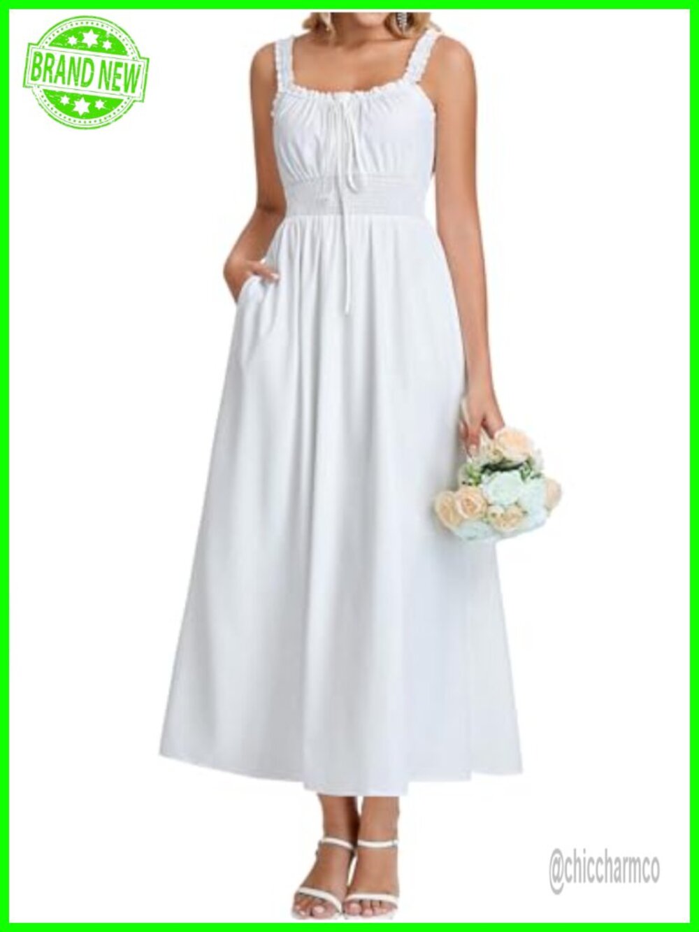 Women's Floral Midi Dress Smocked A Line Sleeveless Square Neck Pockets